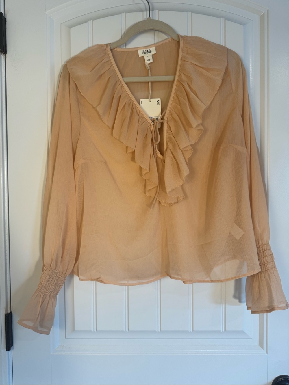 A.N.A Women’s Peach Ruffle V-Neck Sheer Blouse NWT